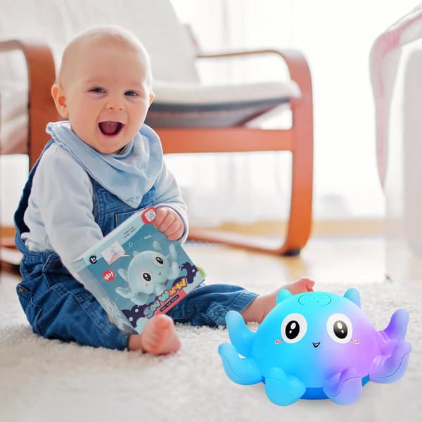 Babybadeleker, blekksprut sensorisk lysende badeleke, automatisk vannsprutleke, badeshowergave, egnet for babygutter (blå)