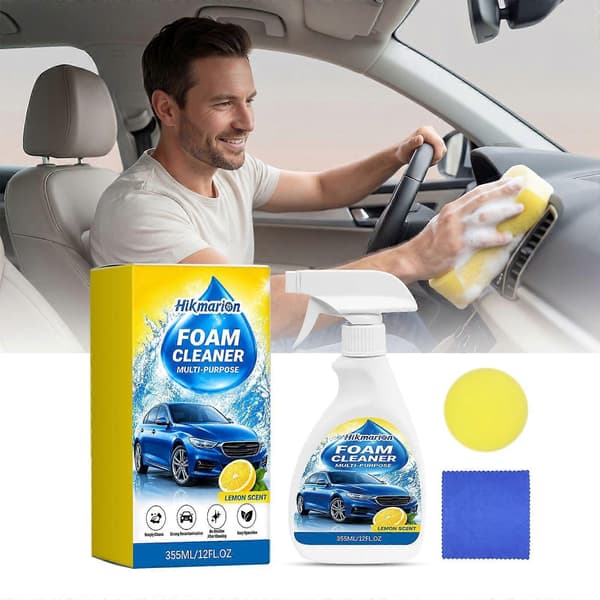Multifunksjonell skumrens spray 355ml, bilinteriør- og husholdningsflekkfjerner-sett med svamp og klut, sitronduft 1PCS