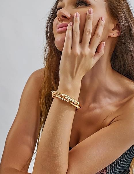 Dame chunky kjede armbånd – Justerbar elastisk stil – Solid og dristig statement-smykke – Gull / Sølv tone