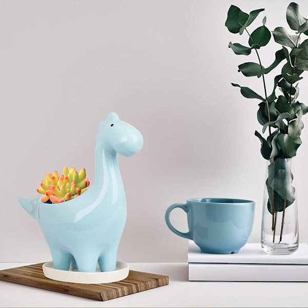 Keramisk Suckulentkruka Med Fat, Dinosaurieformad Kaktusblomkruka, Mini Inomhus Växtkruka Present Dekoration Blå