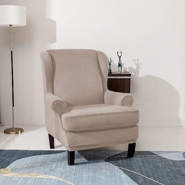 Fløjl Stretch Wingback Stol Sofabetræk 2-delt Stretch Sofabetræk Møbelbeskytter Sofa Blød med Elastisk Bund (Khaki)