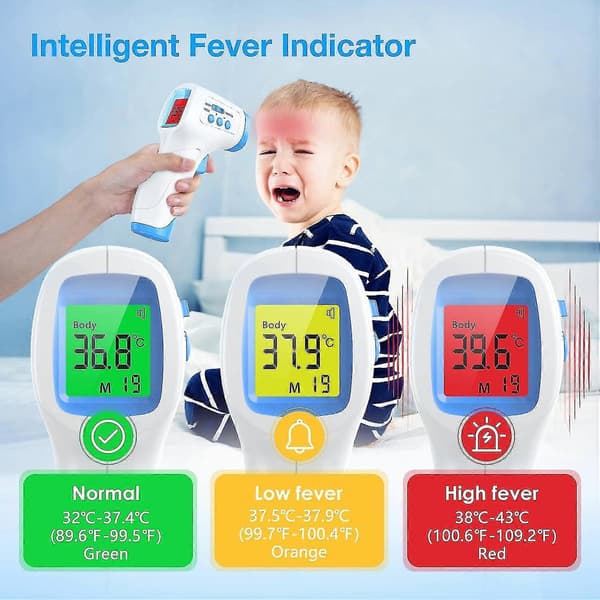 Beröringsfri panntermometer, vuxentermometer med febervarning, infraröd termometer med minnesfunktion, LCD-display, panntermometer