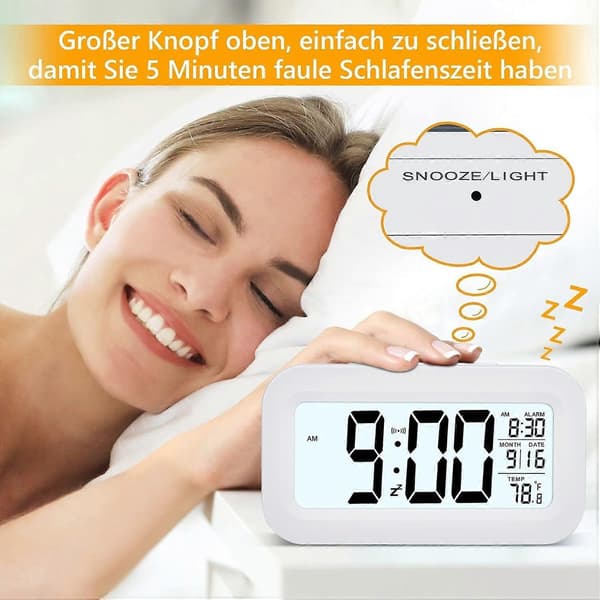 Vækkeur, Lille Digitalt Vækkeur, 5,1\" LCD-display med USB-oplader, Snooze, Minutter, Datokalender