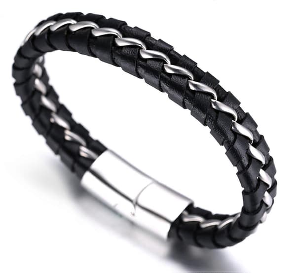 Drenge ægte læderarmbånd sort. Titanium sølvkæde magnetisk lås 7\"/18cm
