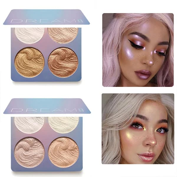 4-farvet 3D Kropsglimmer & Highlighter Palette – Professionelt Ansigts- & Kropsoplysende Makeupsæt