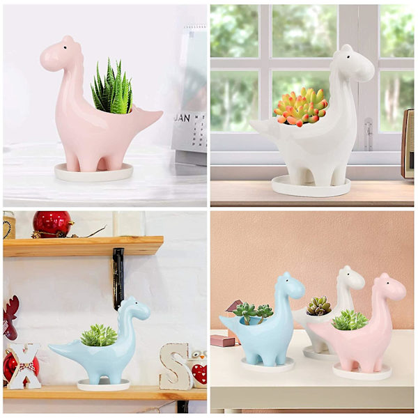 Keramisk Suckulentkruka Med Fat, Dinosaurieformad Kaktusblomkruka, Mini Inomhus Växtkruka Present Dekoration Blå