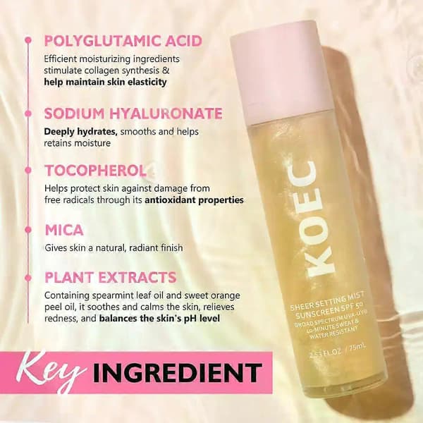 Sunglaze Sheer Setting Mist med SPF50 solcreme, bredspektret hurtigabsorberende