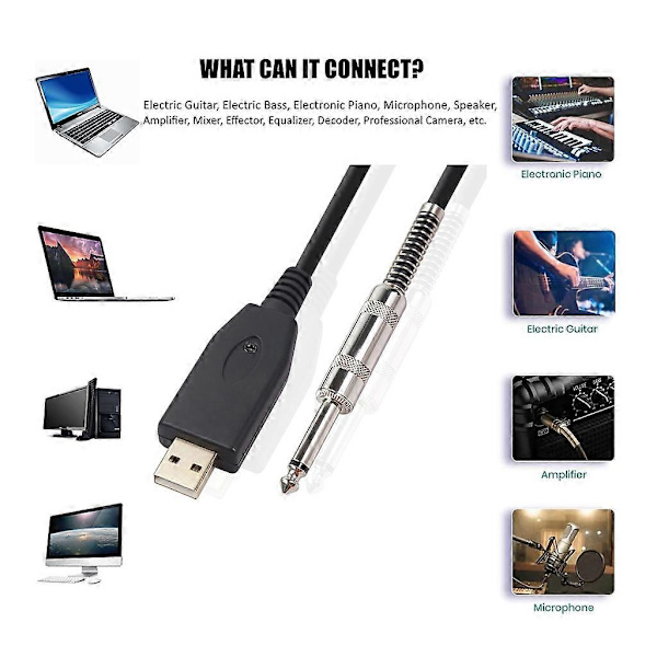 USB-gitarrkabel USB 2.0-gränssnitt hane till 1/4 tum TS (6.35) Jack-kontaktkabel Elgitarr