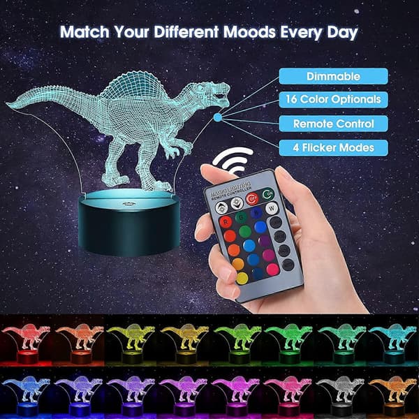 Nattlys for barn, 16 farger 3D Spinosaurus nattlys