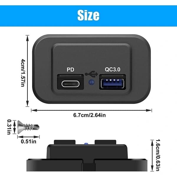 2 stk 12V USB-uttak, dobbel hurtiglading 3.0 12V-uttak USB-lader og PD Type-c (USB C), 12V 24V USB-lader vanntett strømadapter billader