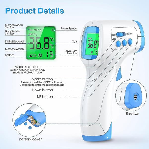 Beröringsfri panntermometer, vuxentermometer med febervarning, infraröd termometer med minnesfunktion, LCD-display, panntermometer
