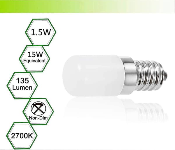 E14 LED-kylskåpslampa, 1,5W E14 LED-kylskåpslampa varmvit 2700K, E14-sockel, 220-240V, 2-pack