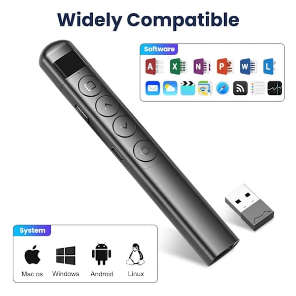 Trådløs oppladbar USB-presentatør PowerPoint-lysbilde laserpresentasjonsfjernkontroll med hvitt indikatorlys