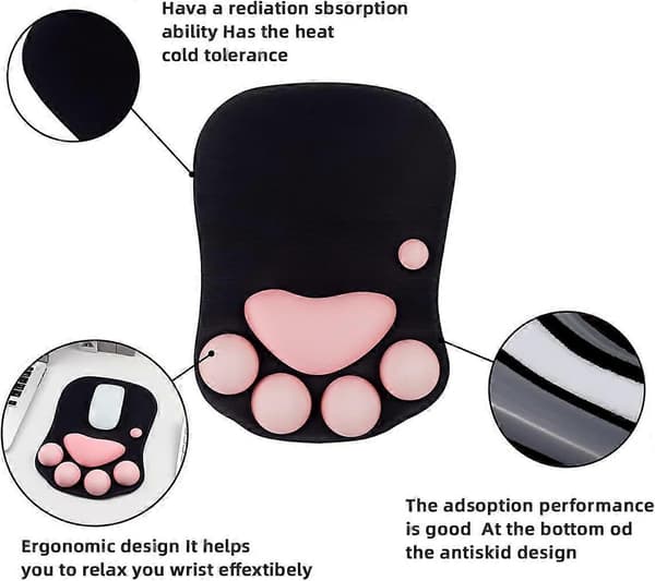 Musematte med kattepote og håndleddsstøtte, bærbar ergonomisk anti-skli gamingmusematte