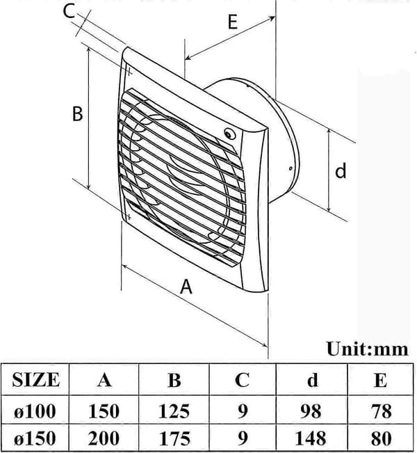 Badeværelsesventilator 150 mm med kontraventil 156 m³/t rørventilator til badeværelse garage (6\")
