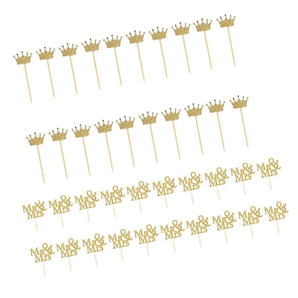 20 stk. guldglimmer Mr. Mrs. + 20 stk. krone kagepynt til bryllupskage