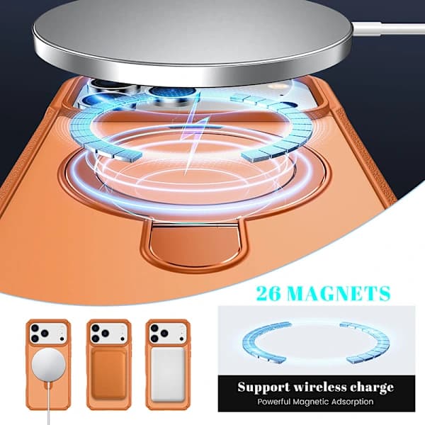 Magnetisk telefondeksel til iPhone 17 Pro med støtte – TPU/PC-materiale (oransje)