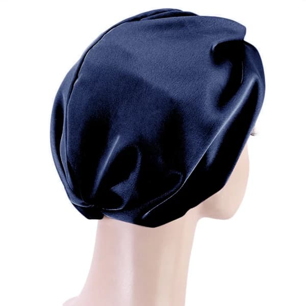 Dobbeltlags imiteret silke sovehætte/hårnet/hovedtørklæde til kvinder med bred elastik Navy blue