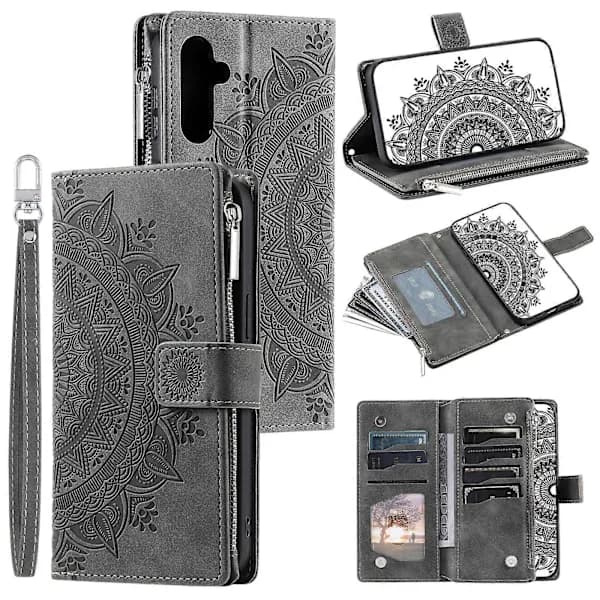Multi-Card Totem Lynlås Ægte Læder Telefoncover til Samsung Galaxy A16 5G (Grå)