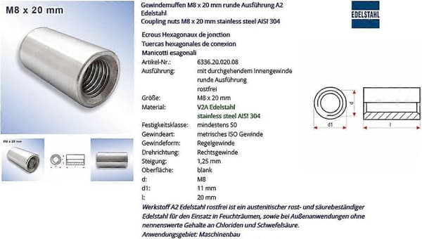 Gjenget hylse M8 x 20 rund rustfritt stål A2 - Unionmutter - Unionmutter V2A - Rund modell (100, M8 x 20)