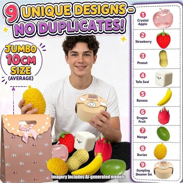 9-pack Squishy Squeeze Set-Klassisk Långsam Resning Squishy av Squeeze Jordgubbsknyte Äpple Banan Squishies Olika Designer, Töjbar Sensorisk A-9pcs-random
