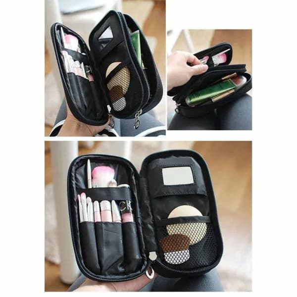 Makeuptaske med spejl, 2-lags kosmetikorganisering, sort