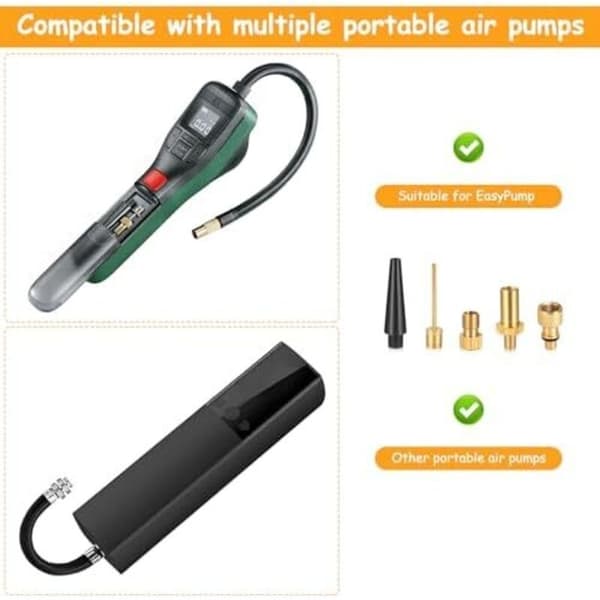 3 st ventiladaptrar och 5 uppblåsningsmunstycken med snabbkoppling för tryckluft, 8 mm cykeldäcksadapter, däckchuckklämmor.