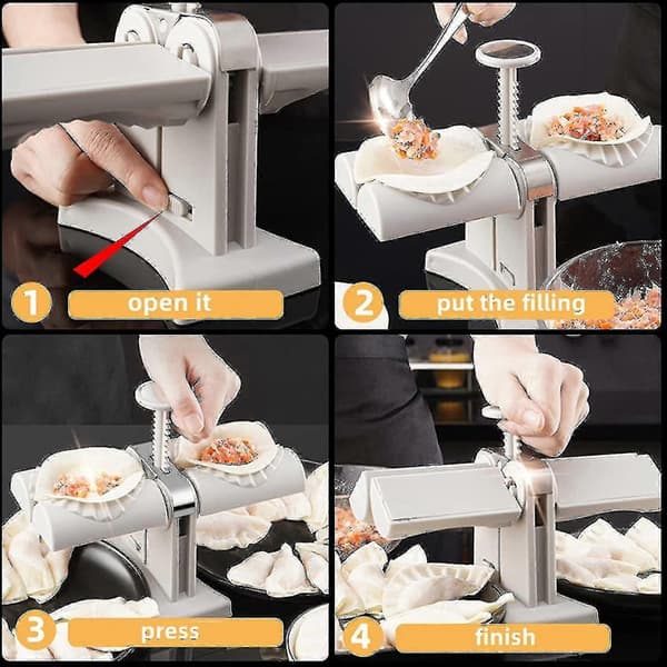 Automatisk dumplingmaskin med dobbelthode, husholdningsmaskin med dobbelthode i rustfritt stål, manuell dumplingmakerform for rask laging av dumplings og empanadas--