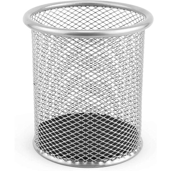Metallinen kynäteline pyöreä metalliverkko monitoimikuppi kuulakärkikynälle halkaisija 85 mm hopea