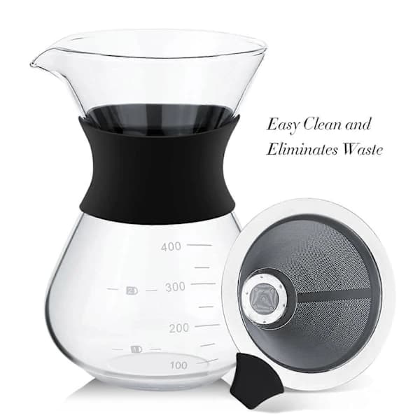 Manuell pour-over kaffetrakter, glasskropp, rustfritt stålfilter.