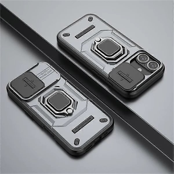 Fodral till iPhone 16 med ringstöd – PC + TPU-material, med linsskydd – Grå