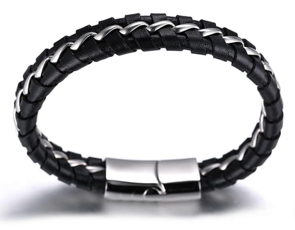 Drenge ægte læderarmbånd sort. Titanium sølvkæde magnetisk lås 7\"/18cm
