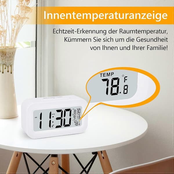 Vækkeur, Lille Digitalt Vækkeur, 5,1\" LCD-display med USB-oplader, Snooze, Minutter, Datokalender