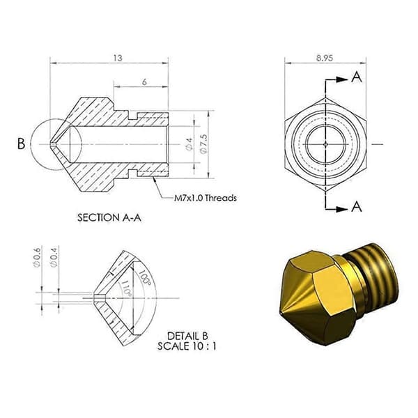 til 3D-printer MK10 Hotend Dysehals M7 Gevind Aluminium Varmeblok Forbedret Version 1 Pakke