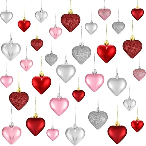 36 hjerteformede dekorationer til Valentinsdag, i klassisk rød, pink og sølv