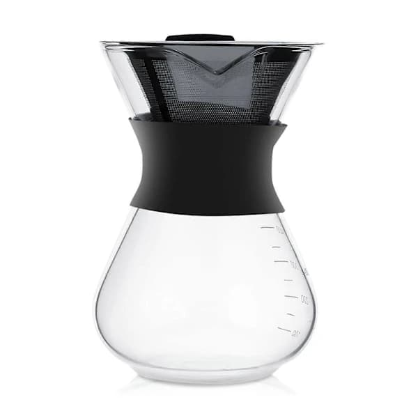 Manuell pour-over kaffetrakter, glasskropp, rustfritt stålfilter.