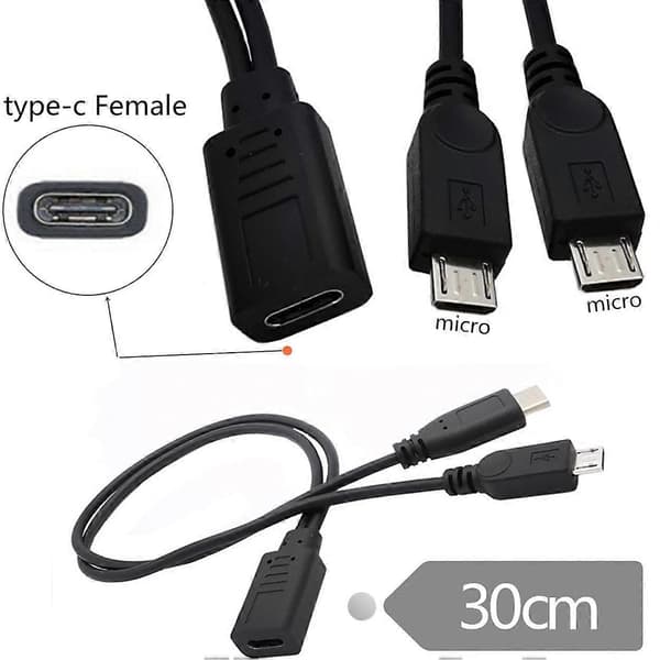 H5d U2-069-TC003 Typ-C Hona DC 5V till Dubbla Micro USB 5Pin Hane I3d Splitter Förlängningsladdningskabel