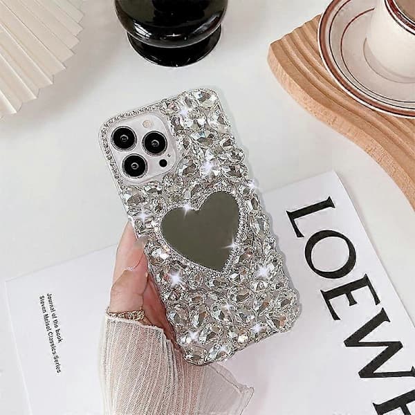 iPhone 13 Pro Luksus Diamant Serie Deksel — Hjerteformet Speil & Glitrende Diamant Design