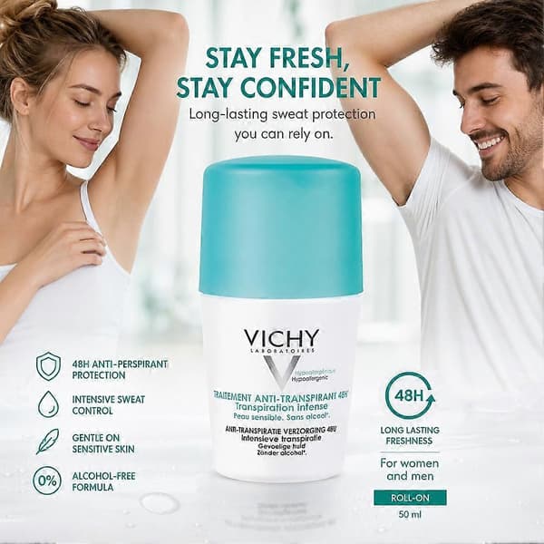 VICHY Deodorant Roll-On - 48 timer langvarig og usynlig beskyttelse Burgundy for 96 hours