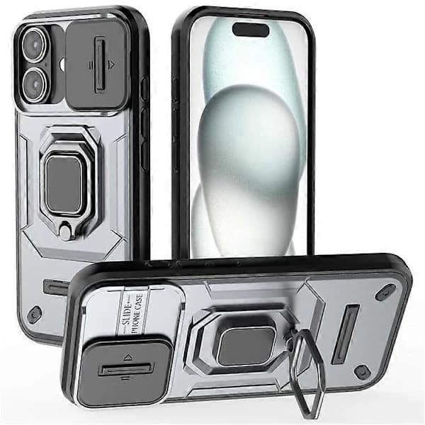 Etui til iPhone 16 med ringholder — PC + TPU-materiale, med linsebeskytter — Grå