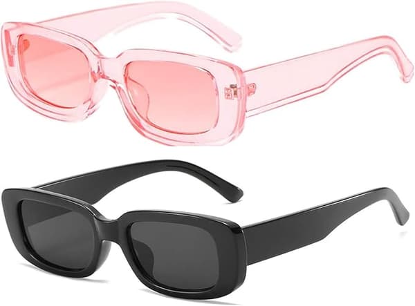 Retro rektangulära solglasögon - 2-pack, svart och rosa, unisex vuxenstorlek