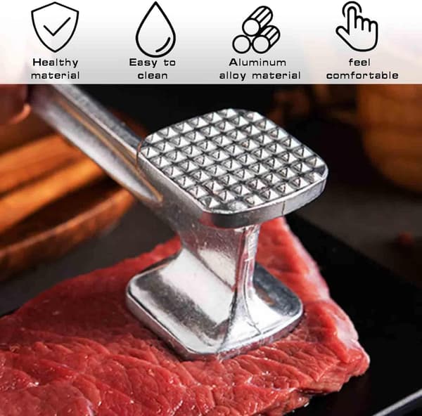 Kjøttmørner, kjøtthammer i aluminiumslegering, egnet for biff, kylling og andre ingredienser, multifunksjonell dobbeltsidig kraftig solid kjøttmørner