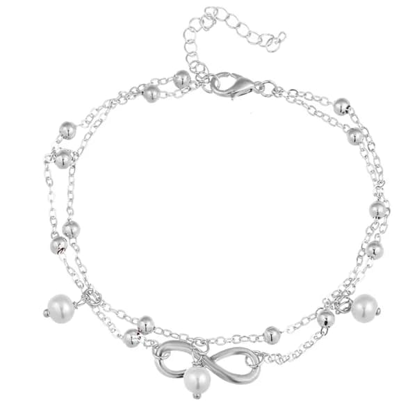 Fotlänk för kvinnor Fotkedja Boho Pärlstrandspärlor 2 lager set V6I2 silver One-size