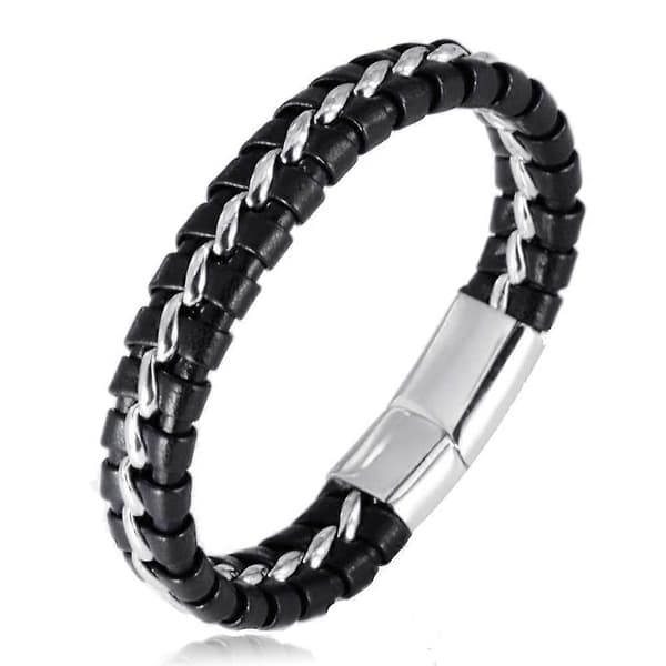 Drenge ægte læderarmbånd sort. Titanium sølvkæde magnetisk lås 7\"/18cm
