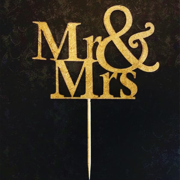 20 stk. guldglimmer Mr. Mrs. + 20 stk. krone kagepynt til bryllupskage