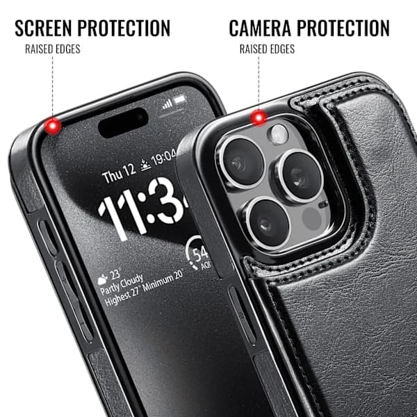 PU-läderfodral för iPhone 16/15 Pro Max Plus, med stativ och kortplats, dubbel magnetisk stängning, hållbart och stötsäkert skydd.
