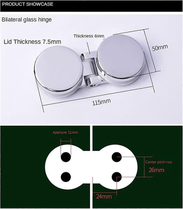 Glasdørhængseldele, rund forkromet, egnet til 5-8 mm tykt glas, spejlblank overfladebehandling
