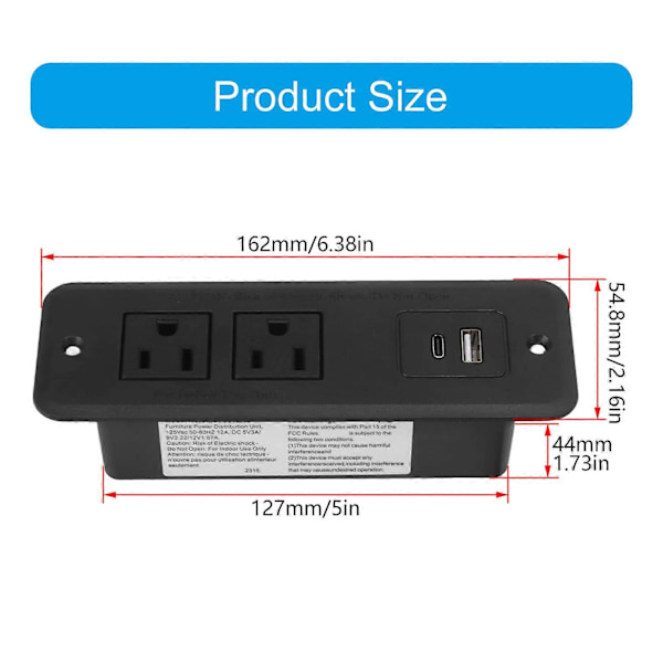 Piilotetut pistorasiat 2 pistorasialla USB C PD20W QC18W pikalataus, sopii saumattomaan työpöydän kaapin asennukseen