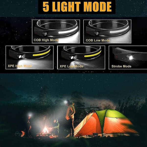 3 stk. LED induksjon hodelykt camping søkelys USB oppladbar hodelykt LED hodelykt arbeidslys med innebygd batteri
