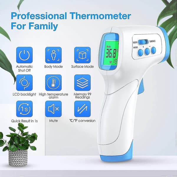 Berøringsfrit pandetermometer, voksentermometer med feberalarm, infrarødt termometer med hukommelsesfunktion, LCD-display, pandetermometer